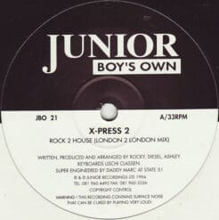 X-Press 2 - Rock 2 House / Hip Housin' (Electronic) [House, Hip-House] on Junior Boy's Own (1994) [Vinyl] (12")