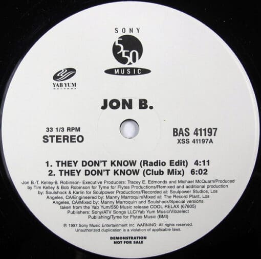 Jon B - They Don't Know (Funk / Soul) [Contemporary R&B] on 550 Music, Yab Yum Records (1997) [Vinyl] (12")